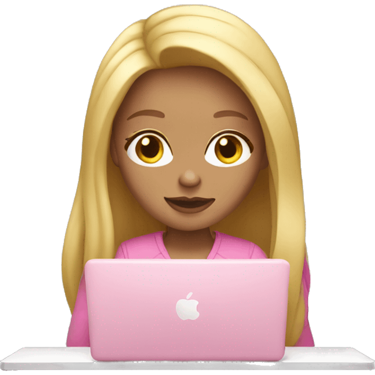 Girl with blond long  hair and  typing on pink MacBook  emoji