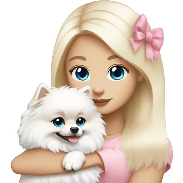 Blond girl white skin blue eyes hugging white Pomeranian with light pink bow emoji