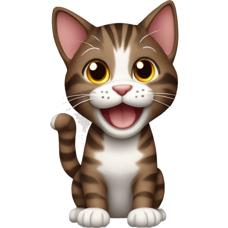 smiling dark brown tabby cat waving paw emoji