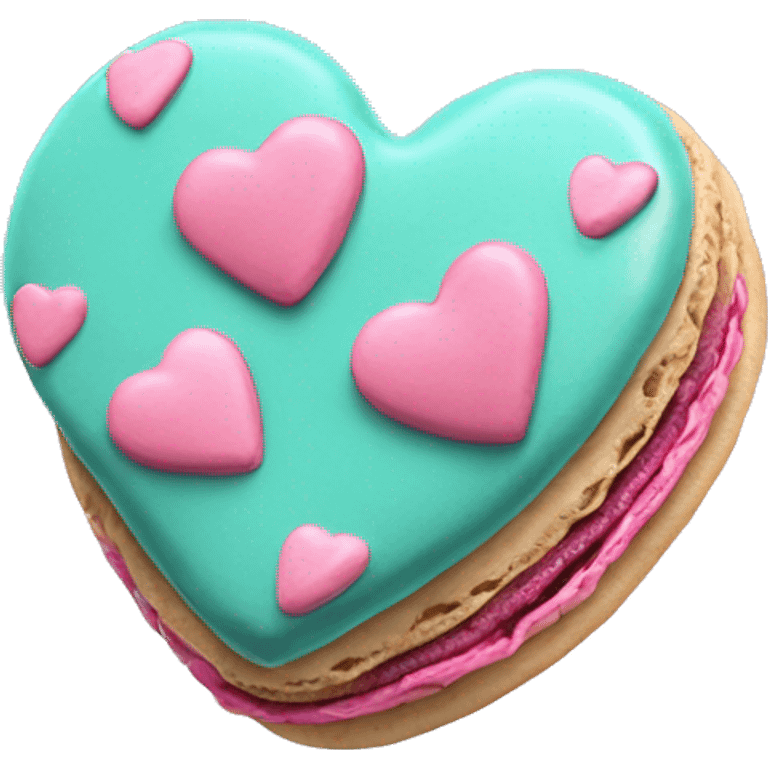 Teal and pink Realistic isolated heart shaped macaron cookie laying down flat  emoji