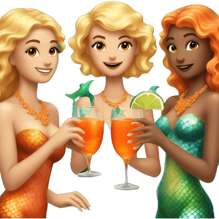 Three beautiful bright skin mermaids drinking aperol emoji