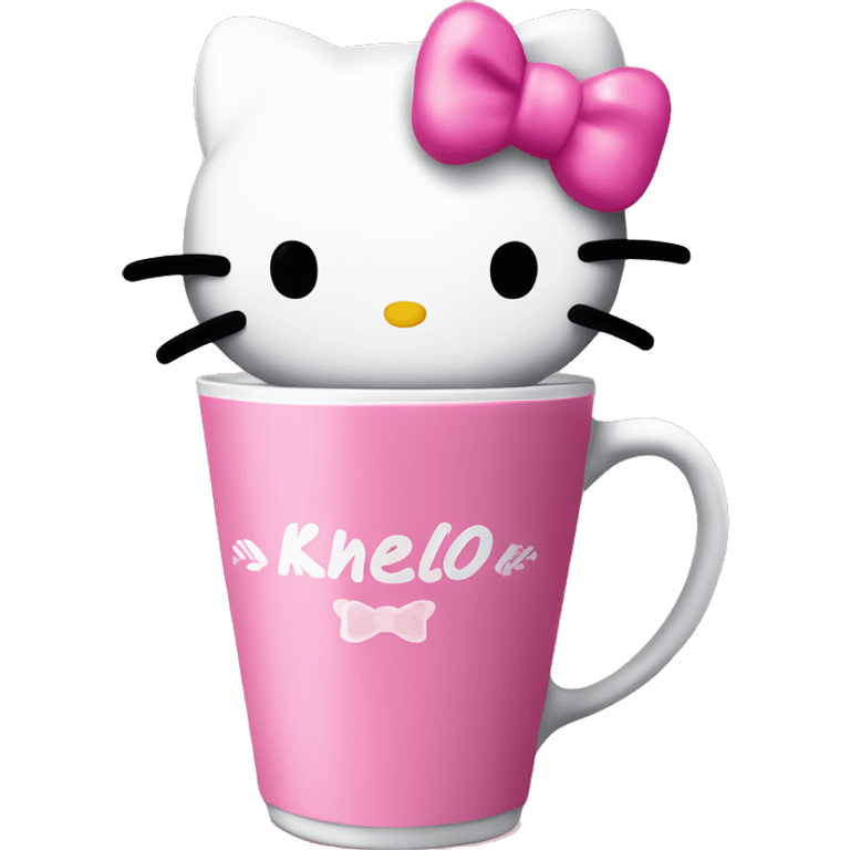 Hello kitty with a pink bow at a all pink coffee shop drinking coffee with a pink bow on the coffe cup￼ emoji