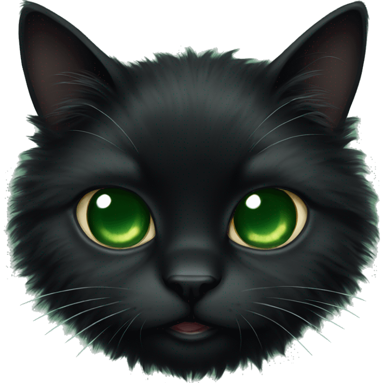 A black fluffy cat with dark green eyes lies emoji