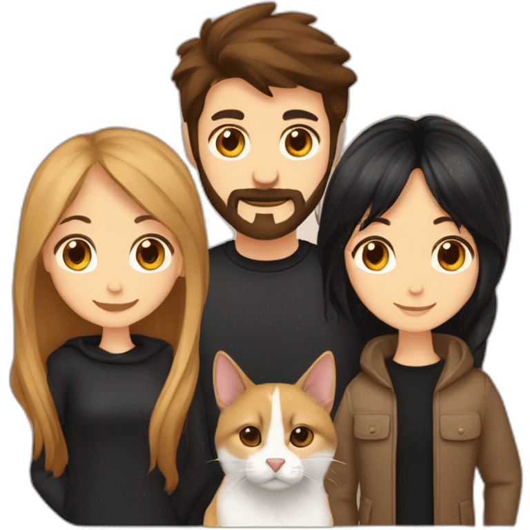 A girl with long brown hair, a guy with black hair and a beard, a small Belgian shepherd and a cat of golden color with cinnamon emoji