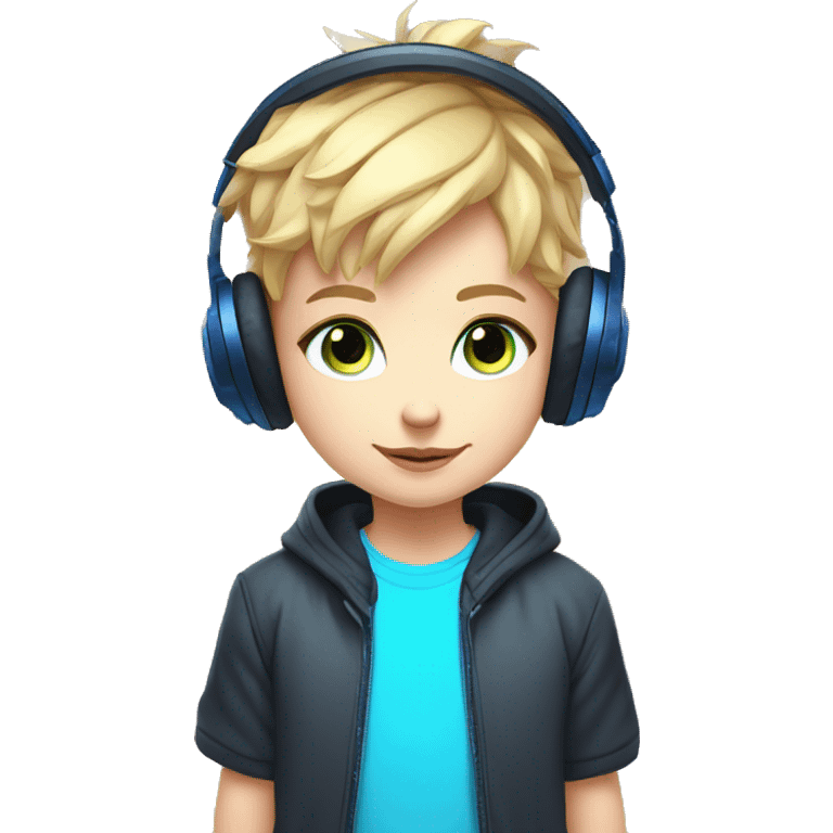 Blonde Short hair Gamer kid big nose thin eyebrows with blue eyes with headset and gamepad with neon Lighting emoji