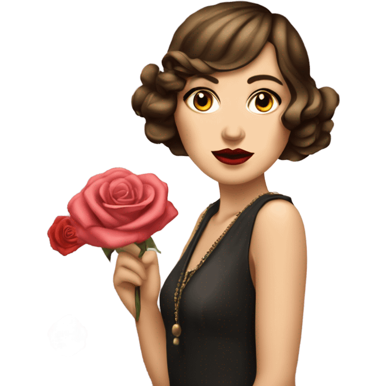 Anti Trump revolutionary showcase 1 woman encapsulating beauty feminine power flapper look. female feminine flapper with rose theme look medium length brown hair  emoji