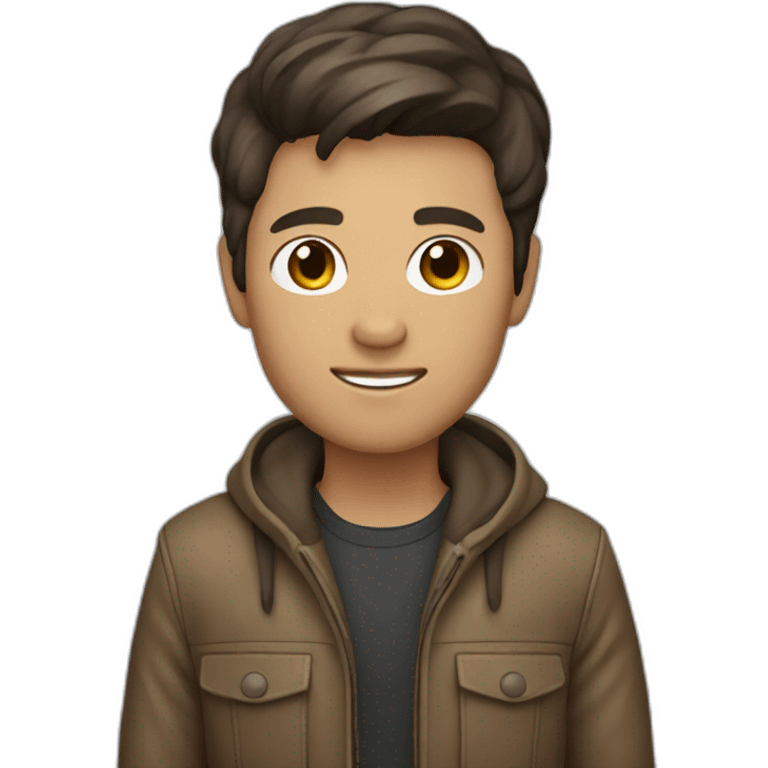 Photographer with dark brown hair, light brown leather emoji