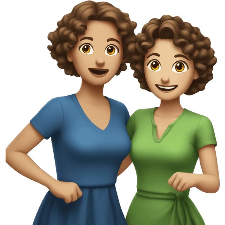 woman with brown curly hair in blue dress dancing with woman with brown wavy hair in green shirt  emoji