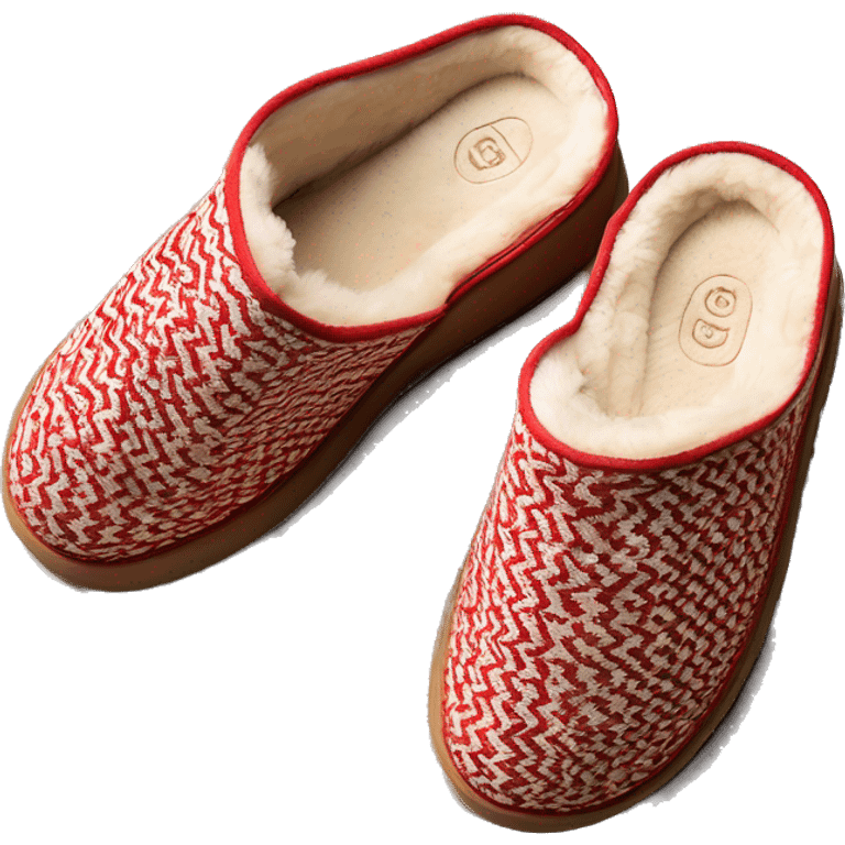 Camel slip-on slippers. red thin woven zig-zag line encircling the top opening, and a thick platform sole. “UGG” emoji