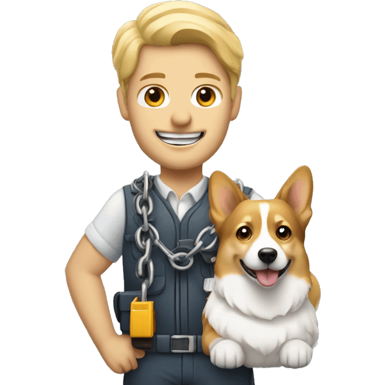 white hear blond engineer with a corgi dog which is holding chain emoji