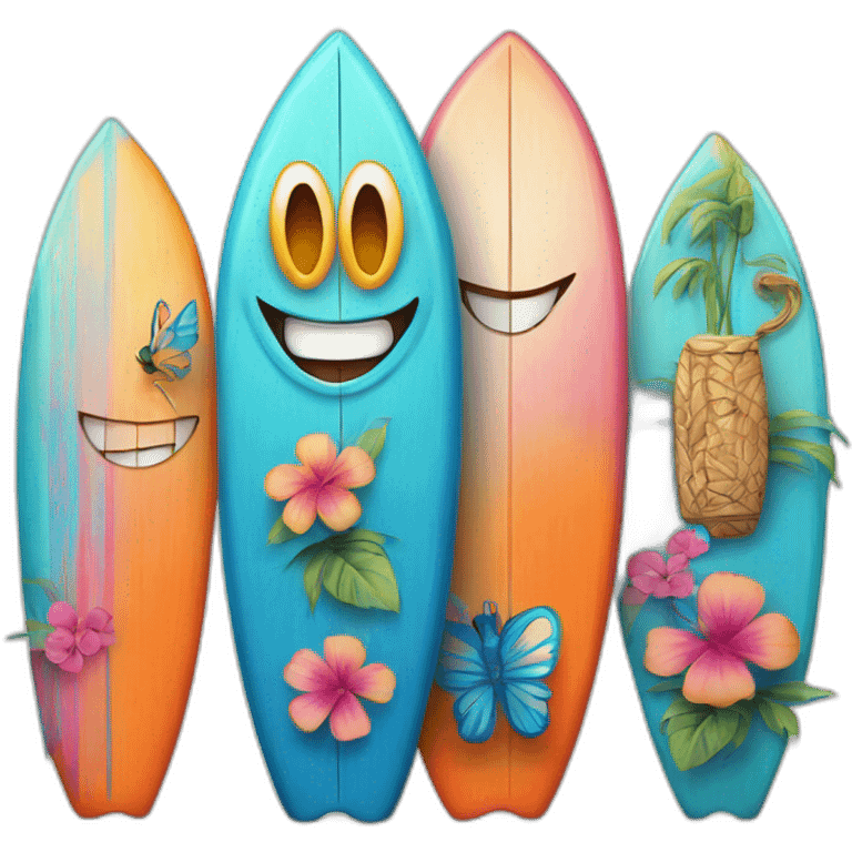 A surfboard Cartoon Blue and orange tiki smiling with butterfly and and Cartoon Blue and pink tiki singing with butterfly and mikrophone emoji