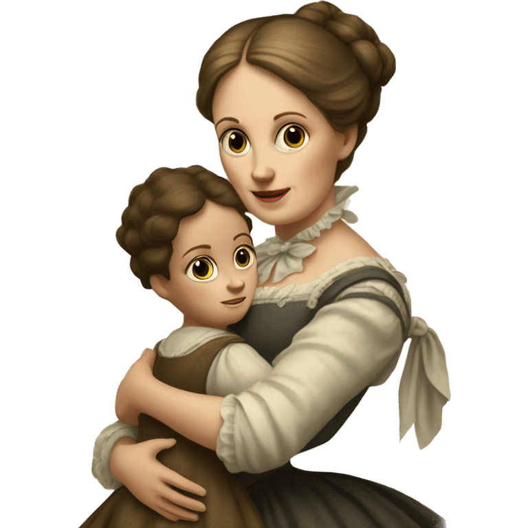 A 19th century white woman with a child in her arms. There is a big letter "A" on the dress emoji