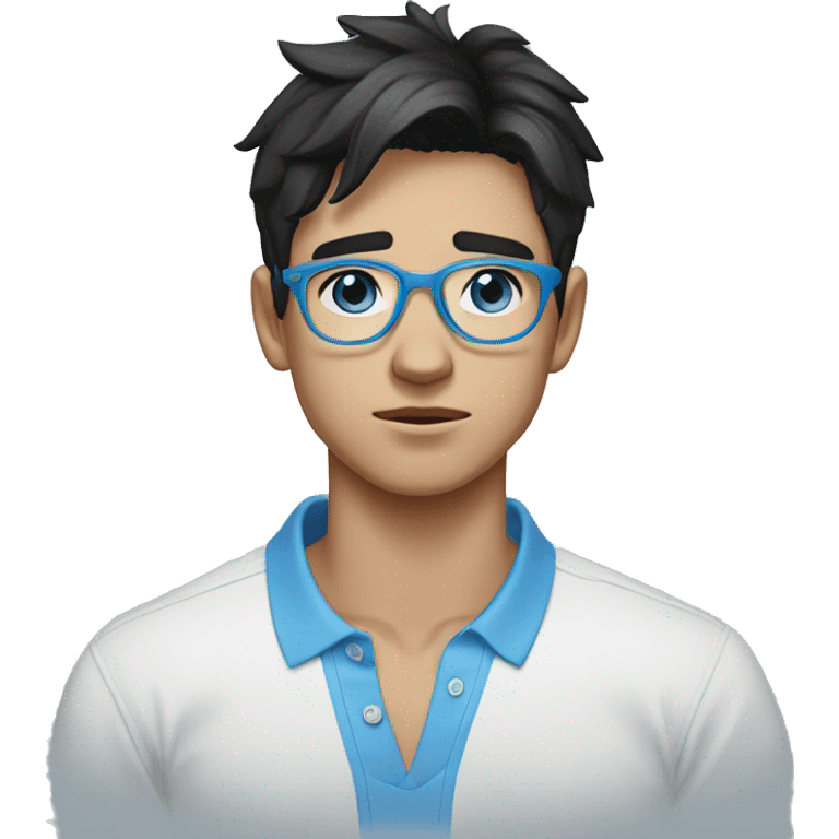 young man crying, 20 years old, with black hair, blue eyes and light blue round glasses, white polo shirt with blue collar emoji