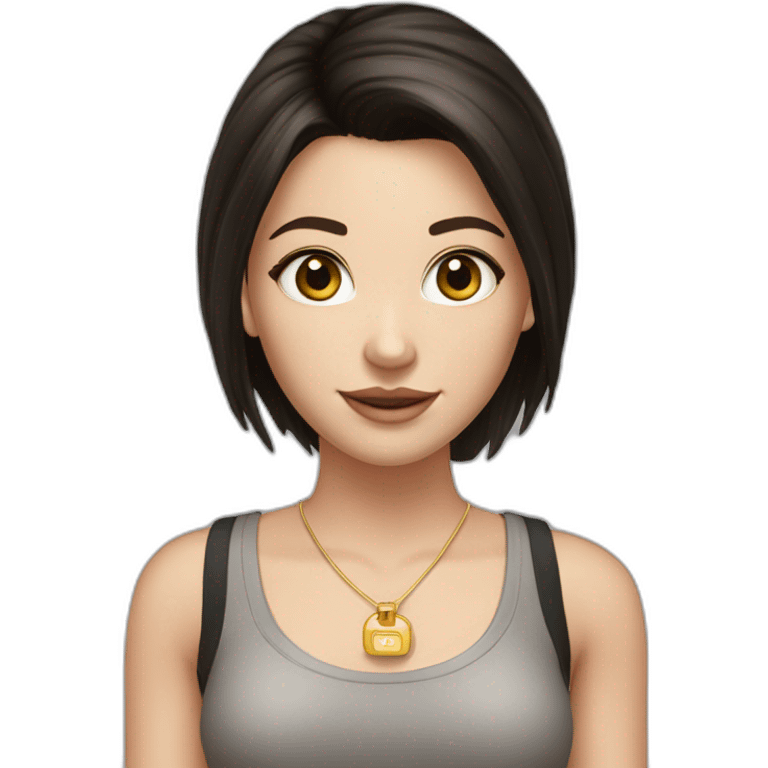 A white girl, with straight dark hair, with dark brown eyes, and she has to be smiling, with a black tank top, a golden hoop earring, holding a camera emoji