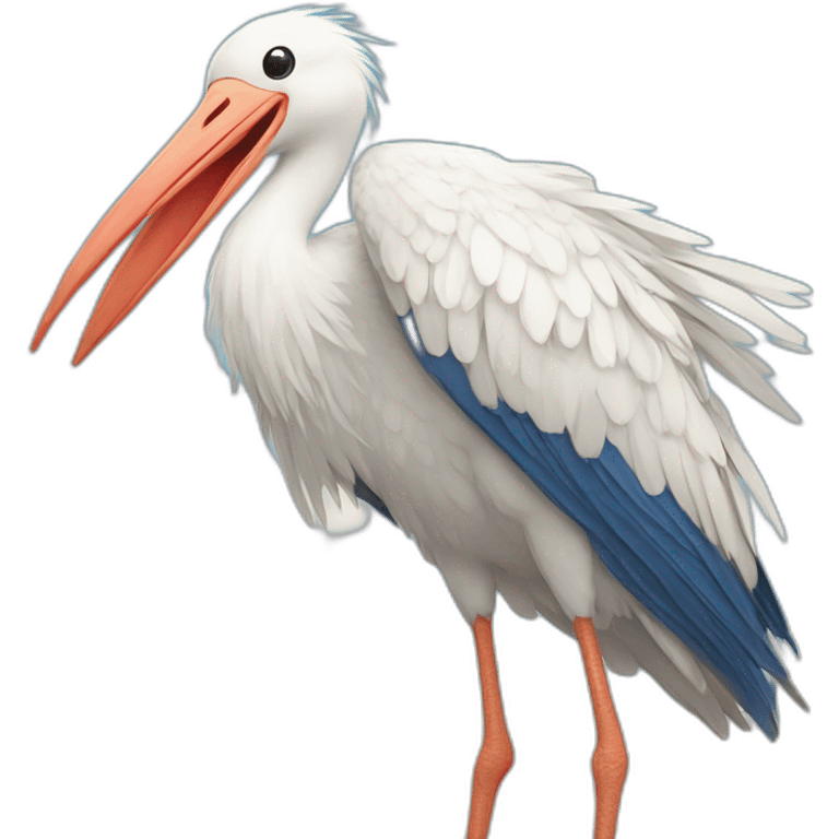  white stork with long legs and a long beak flying in the sky and carrying a blue bundle of cloth in its beak that has a cute baby face peeking out from it emoji