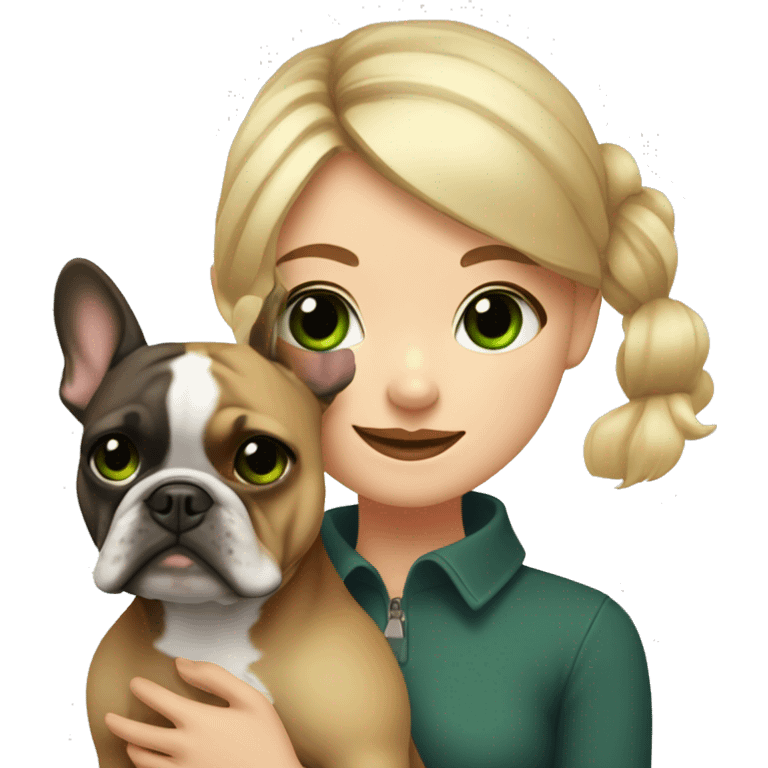 A blonde girl with green eyes with a square hugs a French bulldog with brown eyes and dark gray fur emoji