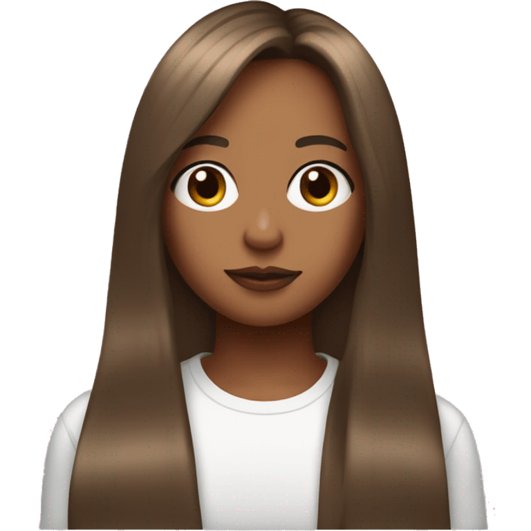 Girl with long brown hair and curtain bangs, clear skin, pink t-shrt emoji