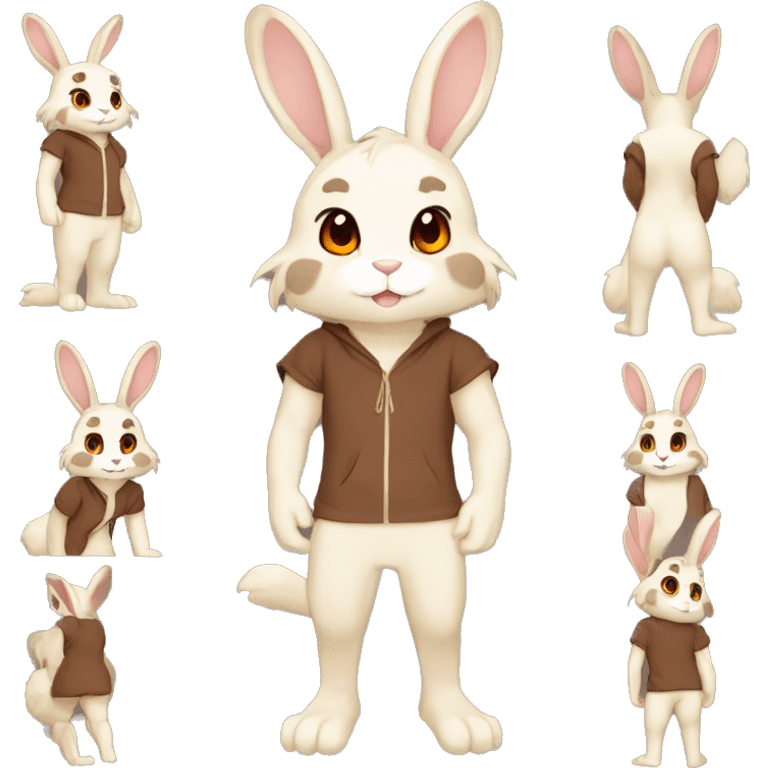 Anthro, Fur-Sona, Dark-Brown, Normal-type-Ground-type Tan-Rabbit-Fakémon with Dark-Red eyes, beige ears, beige belly, beige paws, beige feet, beige freckles, full body emoji