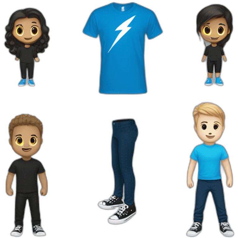 blue t-shirt with a small light blue lightning bolt in the center and under the t-shirt is a black long sleeve shirt, black pants and blue and white converse shoes. emoji