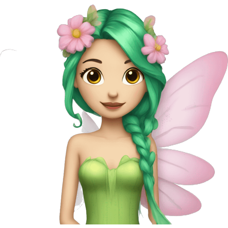 A skinny fairy, green hair, wings, pink dress with flowers  emoji