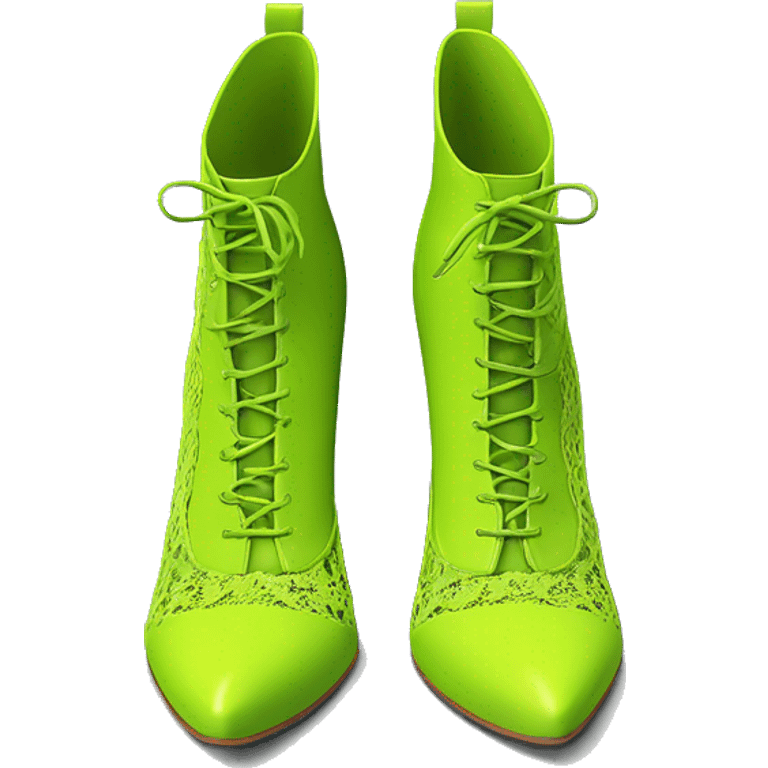 Realistic isolated front view of a pair of lace lime green high heel ankle bootie boots. emoji