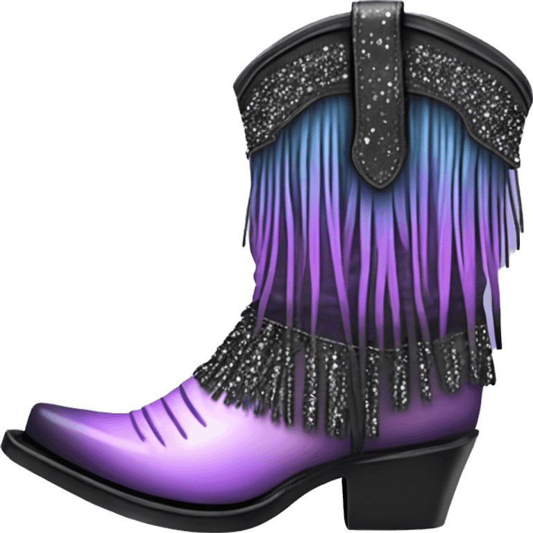 Realistic pastel purple to black ombre pair of fashion cowgirl boots with sparkly shiny glitter fringe on them. emoji