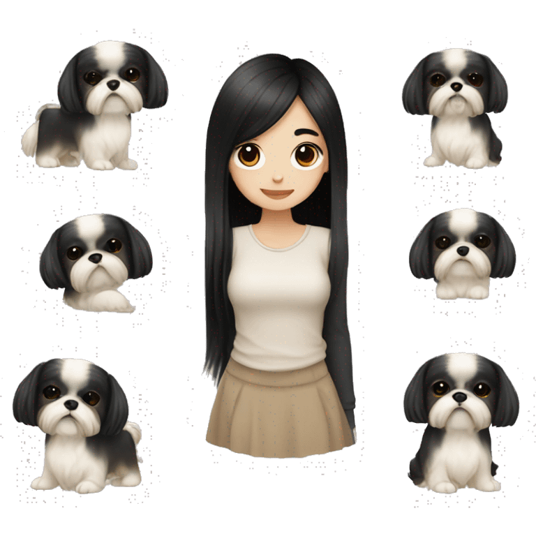 long black hair korean girl with beige and black shih tzu emoji