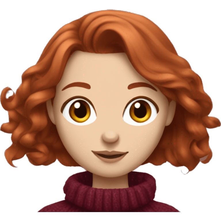 redhead girl with grey eyes with long hair and Dyson styling in a burgundy sweater and a rat on her shoulder emoji