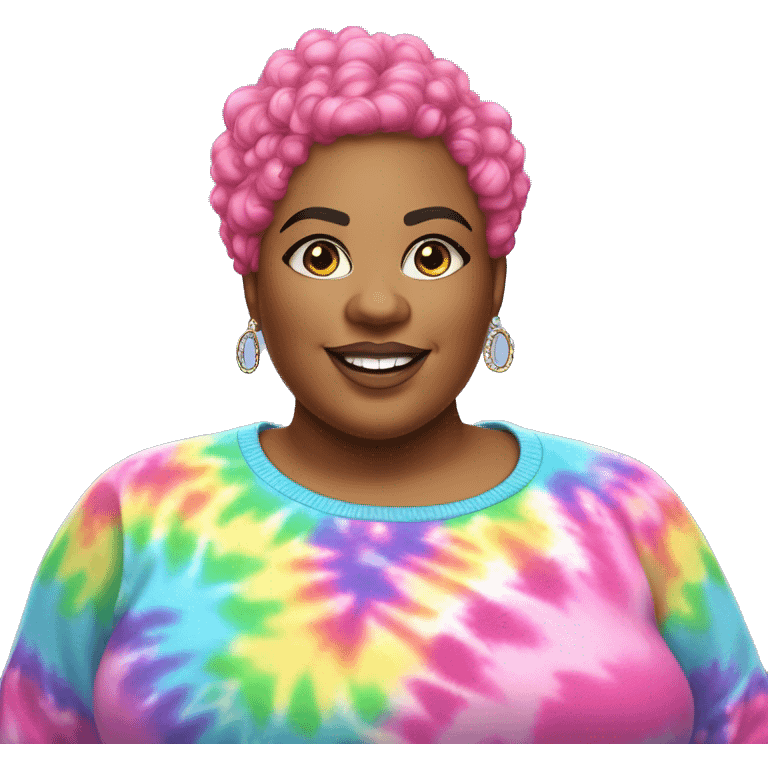 Large Plus size black woman with pink curly pixie cut hair and a rainbow tie dye sweater , and diamond stud earrings  emoji