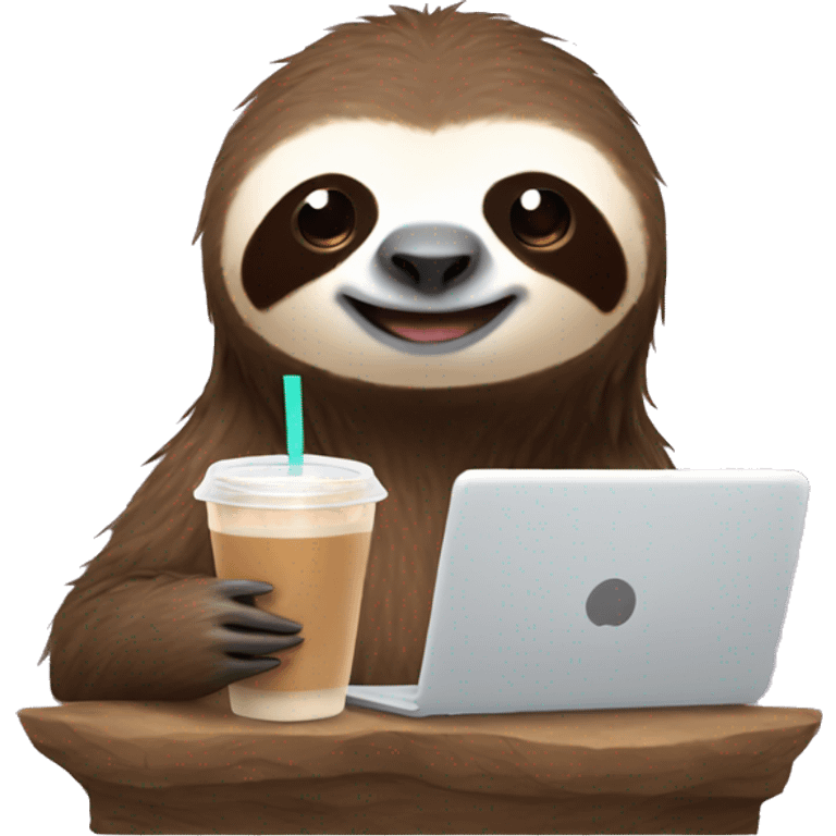 sloth with laptop and ice latte emoji