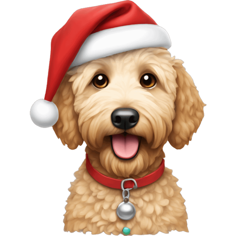 Golden doodle wearing Santa hat emoji