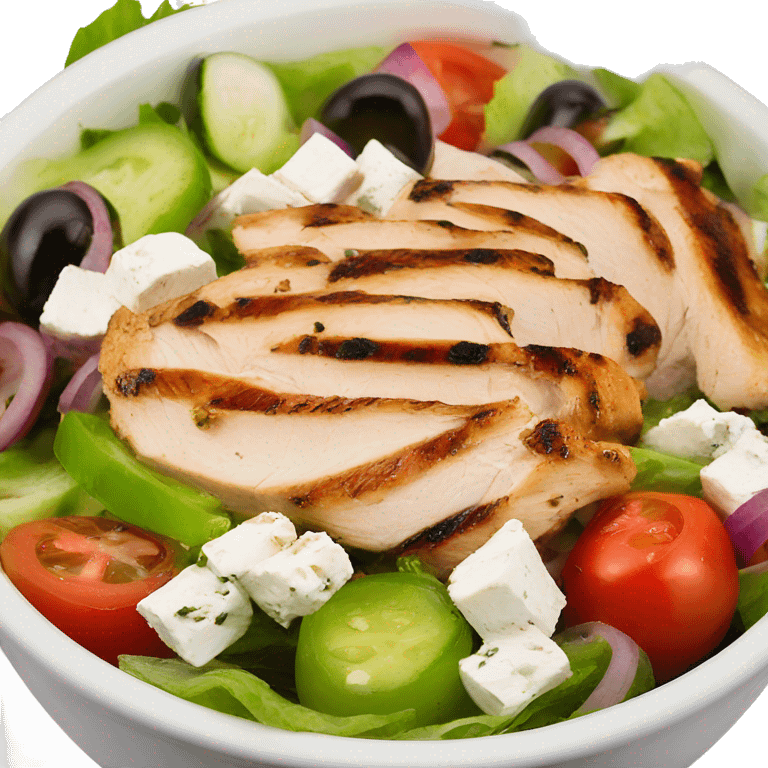 a bowl of greek salad with grilled chicken  emoji