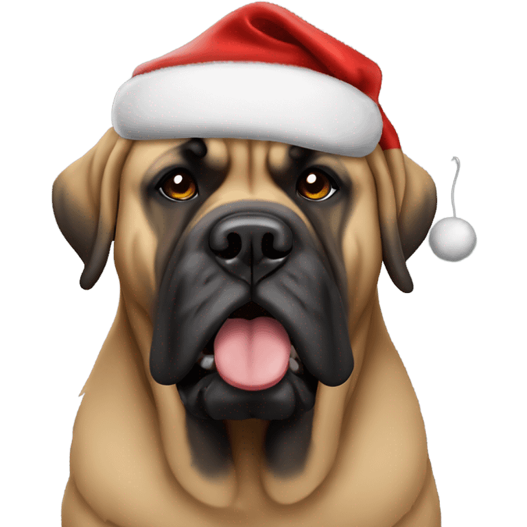 British mastiff wearing a traditional Santa hat and beard emoji