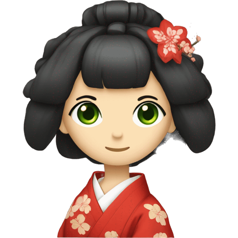 Red kimono. Green eyes. Writing shōdo emoji