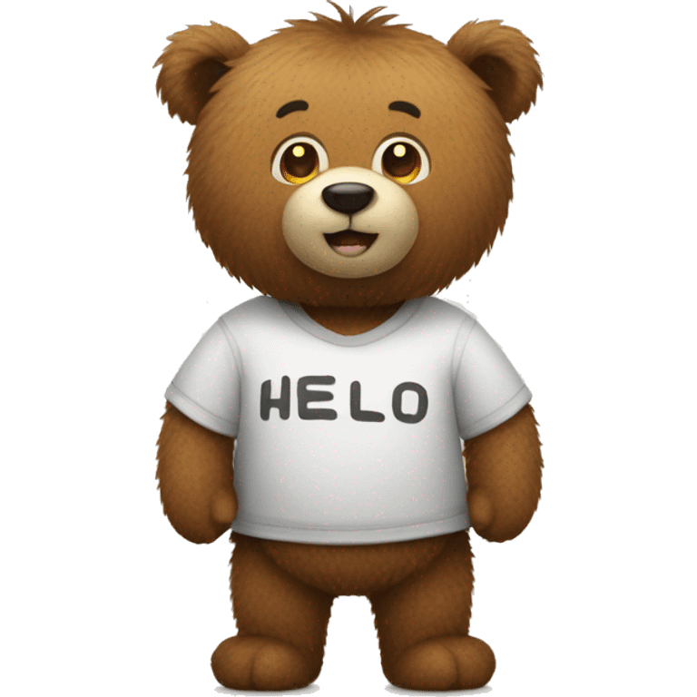 Our fuzzy bear wearing a shirt saying “hello everyone” emoji