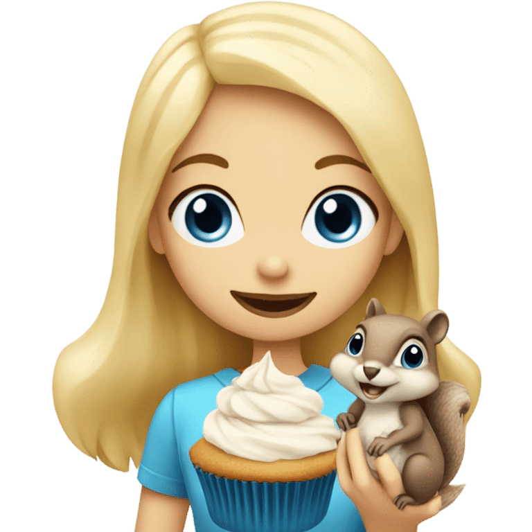 blonde girl with blue eyes eating a cupcake with a squirrel eating a cupcake emoji