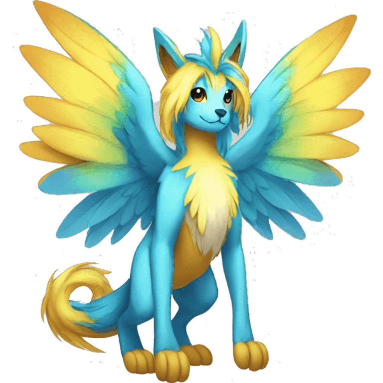 Anthro Sona Cool Cute Colorful Shy Winged Shiny Fakemon-Fantasy-Creature With Long Hair-Mane Full Body emoji