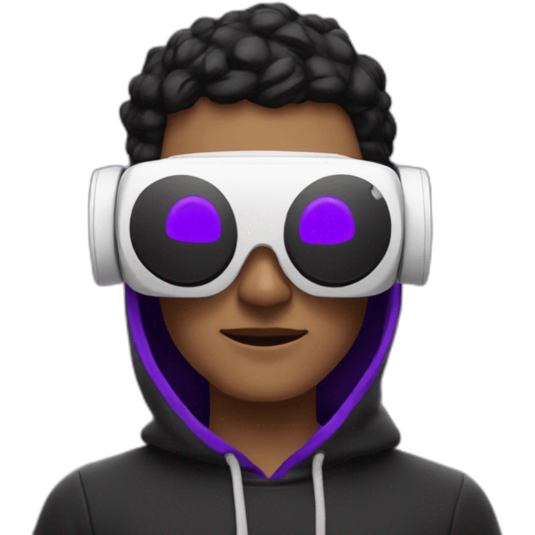 white man in the black hoody with violet OMG VR logo on it.  Man in vr headset emoji