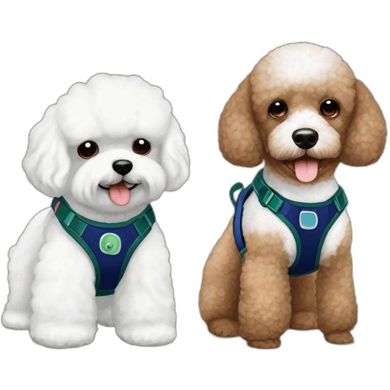 Brown toy poodle with teddy bear haircut wearing dark blue harness and all white Maltese wearing dark green harness emoji