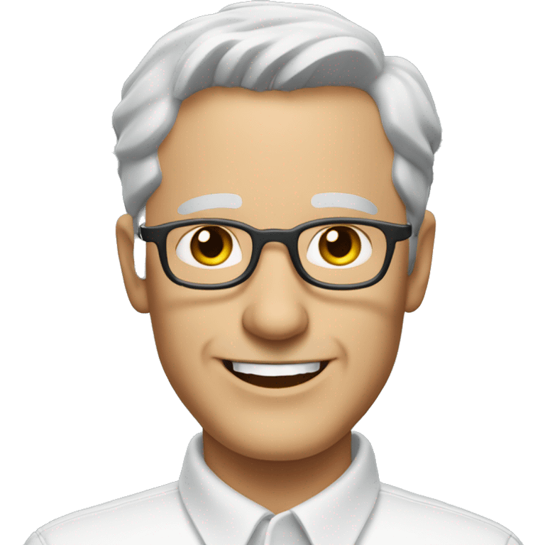 Middle-aged Caucasian man with short gray hair and glasses, wearing a white collared shirt and smiling emoji