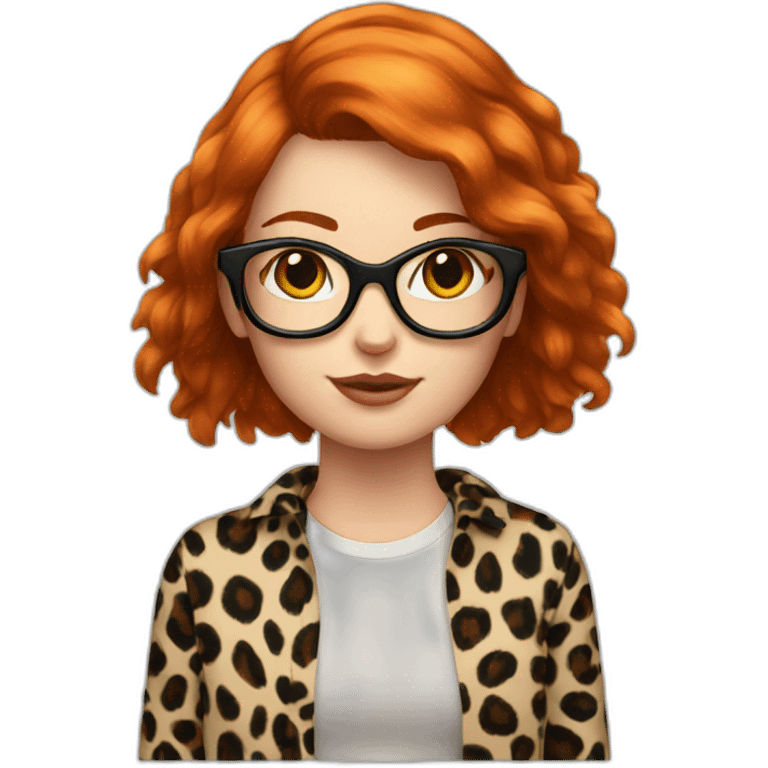 red haired girl with glasses leopard shirt near black cat emoji