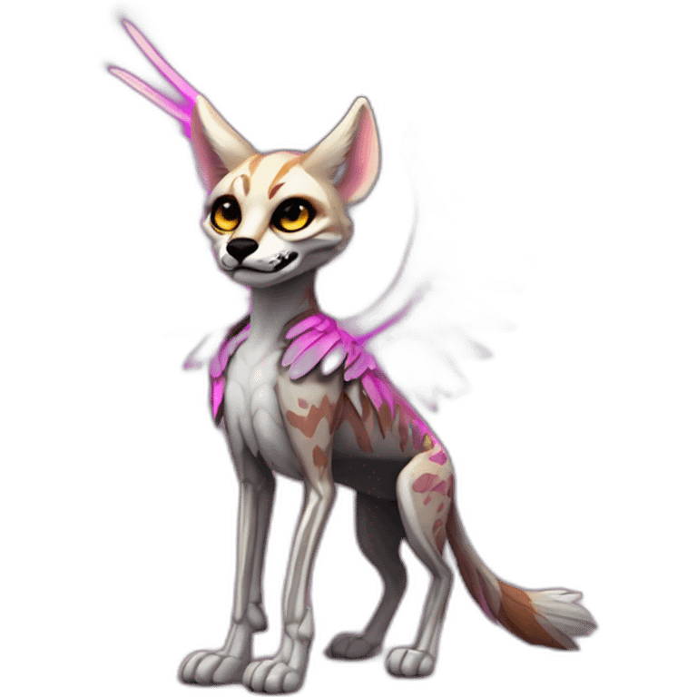 Coyote ocelot standing with grey and black fur and phoenix wings on back and pink ears half skeleton, neon lights emoji