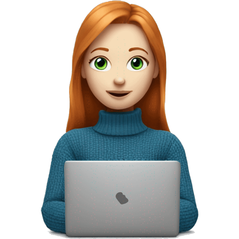 ginger girl with blue eyes in turtle neck sweater working on a laptop emoji