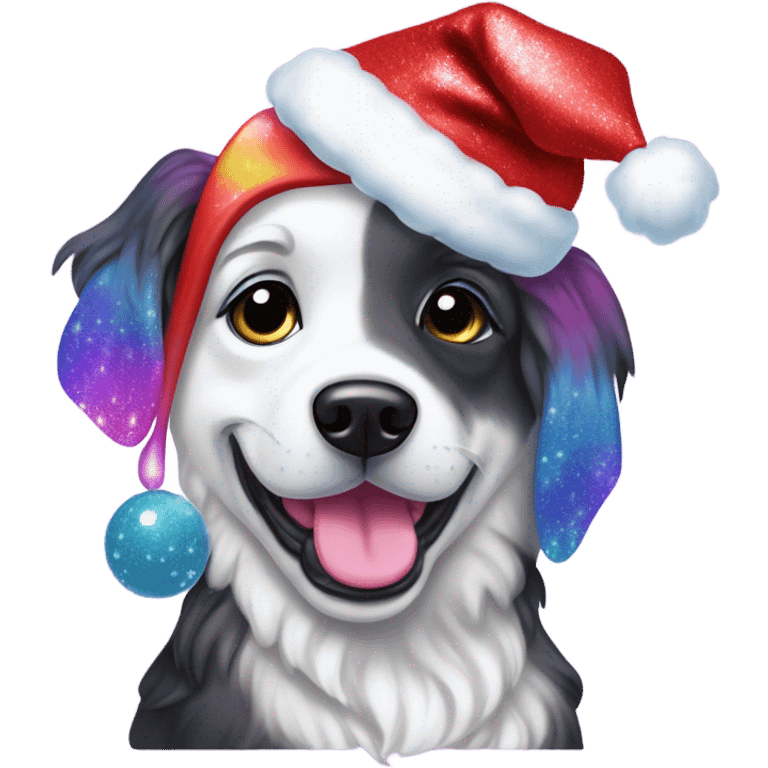 Lisa frank Christmas sparkle￼ dog with Santa hat emoji