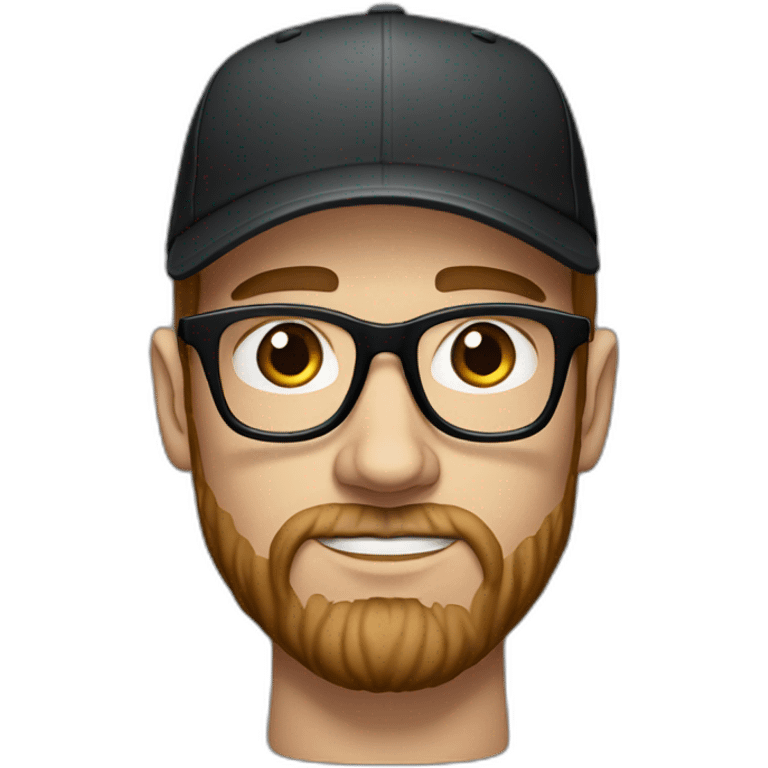 White man with brown hair and a brown beard, has thick eyebrows is wearing black sight glasses. Big nose. Small brown eyes. Wearing a Nike cap. Serious expression emoji