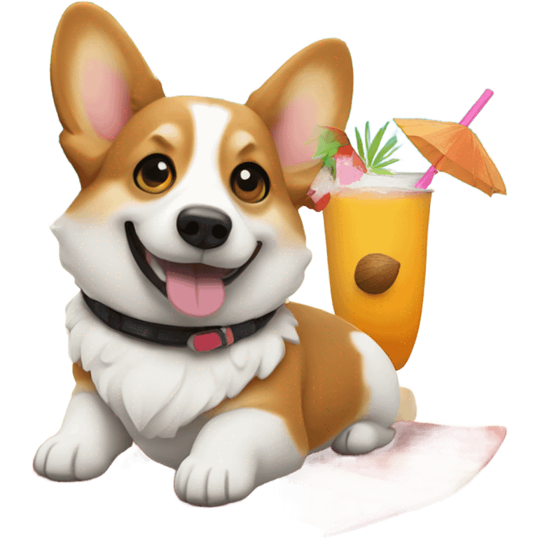 Corgi on the beach with a coconut drink emoji