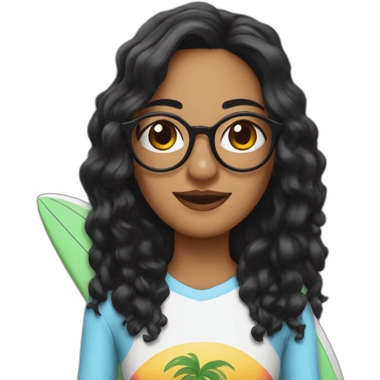 woman on a surfboard black hair glasses emoji