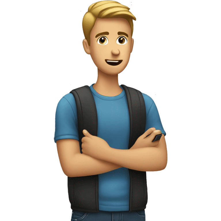 young man speaking on his mobile phone, holding it in his hands emoji