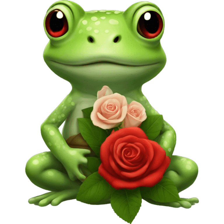 Tiny green toad holding red roses bouquet emoji