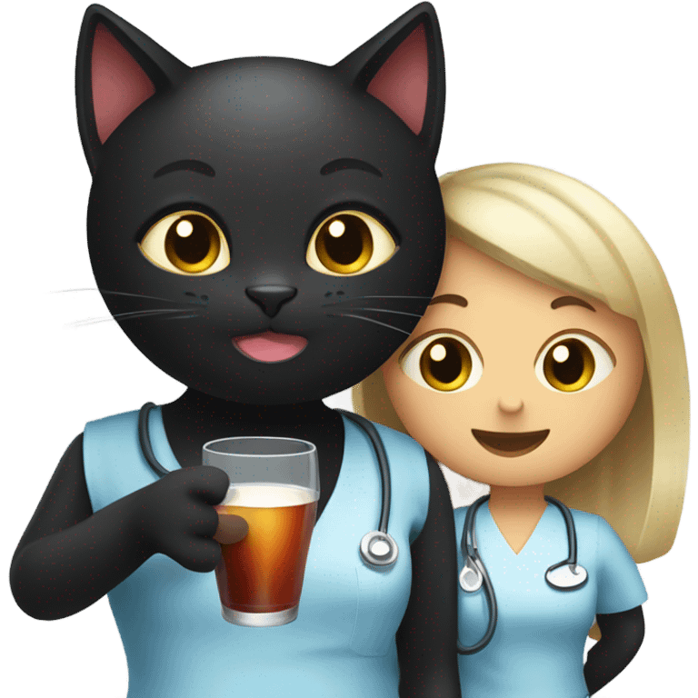 Black cat drinking whine with her nurse friend emoji